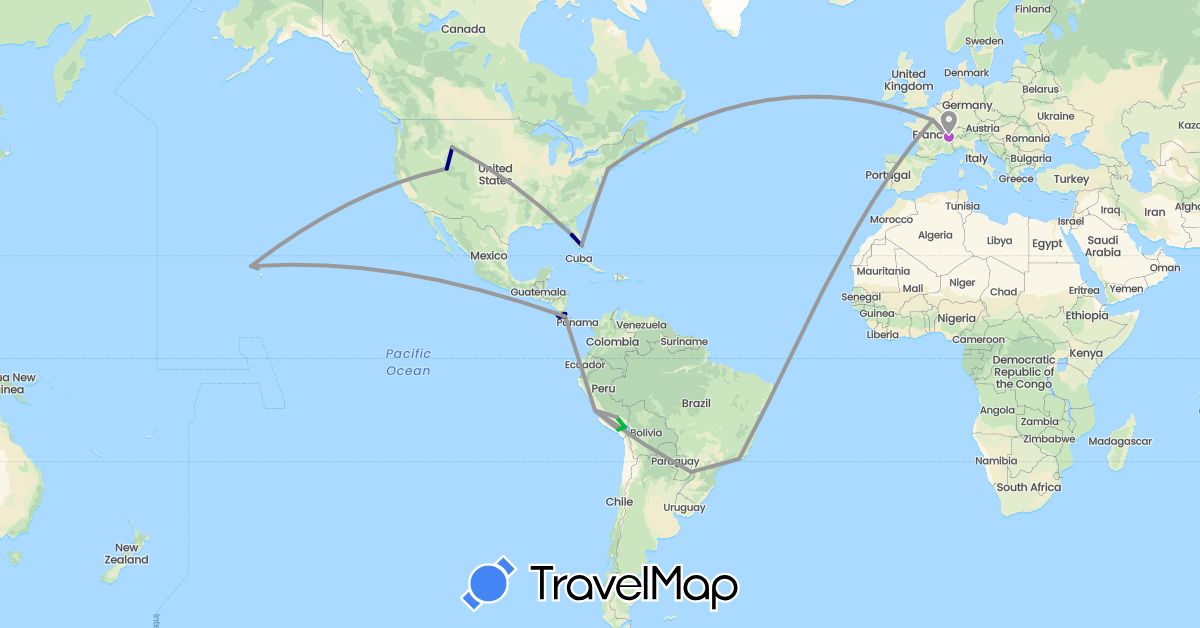 TravelMap itinerary: driving, bus, plane, train in Argentina, Brazil, Switzerland, Costa Rica, France, Peru, United States (Europe, North America, South America)